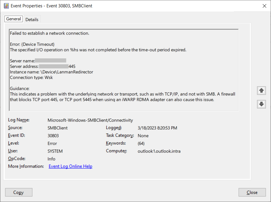 Screenshot of a sample event showing SMB traffic blocked in the firewall
