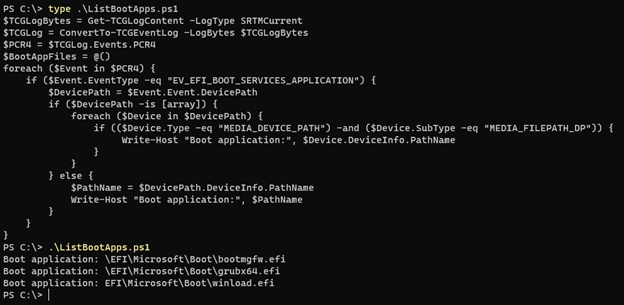Screemshot of output of TCG parsing script to enumerate boot components