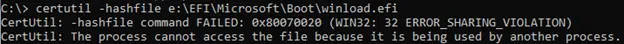 Screenshot of Certutil utility showing Error Sharing Violation message