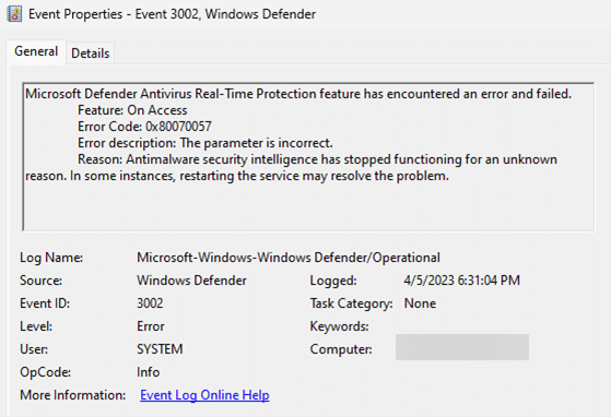 Screenshot of event log showing that real-time protection has stopped