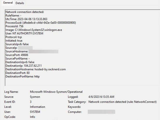 Screenshot of Sysmon event showing winlogon.exe attempting outbound connection on port 80
