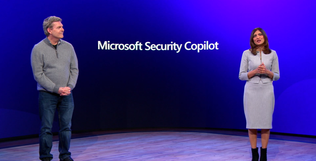 Charlie Bell and Vasu Jakkal speaking about Microsoft Security Copilot.