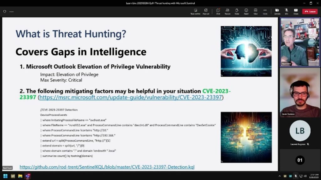 Screenshot of a virtual presentation about threat hunting. 