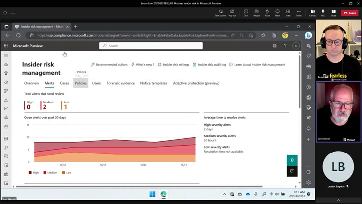 Screenshot of the Microsoft Purview Insider Risk Management dashboard as shown during a Microsoft Teams call.