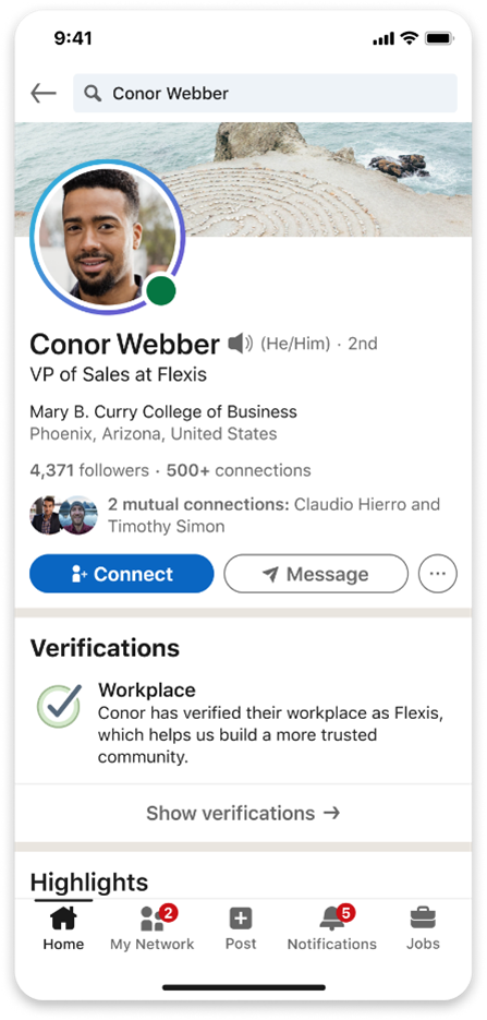 Screenshot of the LinkedIn mobile app with a checkmark showing this user has verified their workplace. 