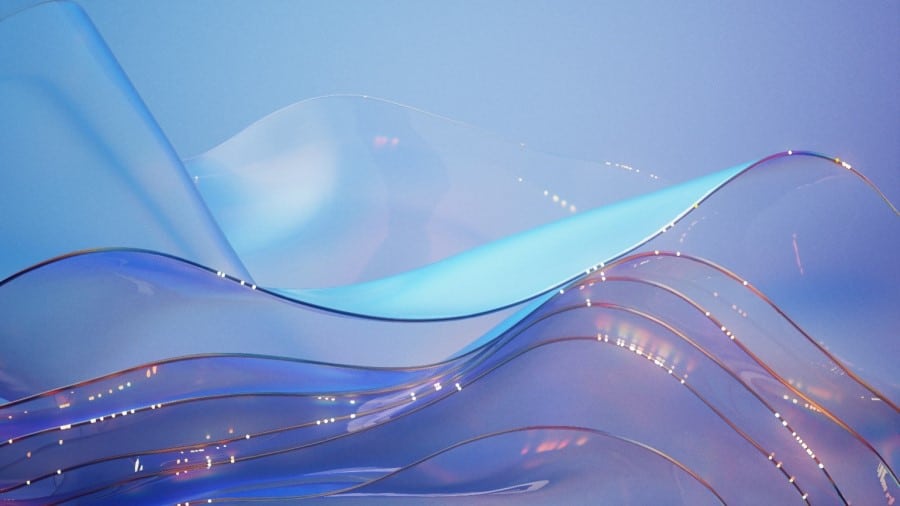 3D glass wavy background in shades of light blue and purple.