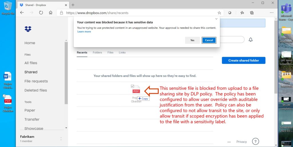 Screenshot of Microsoft Purview Data Loss Prevention blocking the upload of a sensitive file into Dropbox.