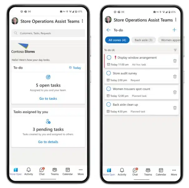 View of store operations assist on a mobile device in Microsoft Teams, showing detailed view of assigned tasks.