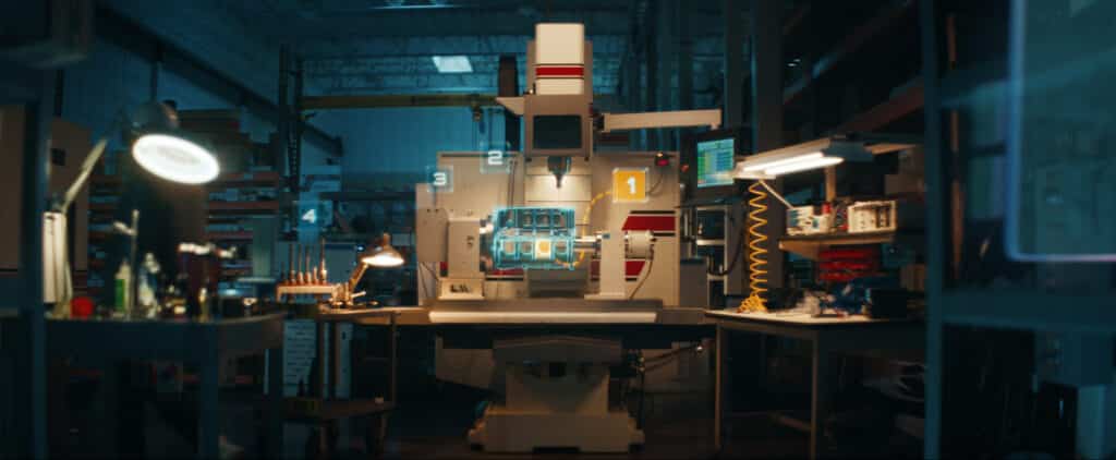 A well lit desk and machine in a dim office displays steps to completing the work at hand. There are blue and yellow holograms, highlighting the asset and pointing to steps 1, 2, 3, and 4.  