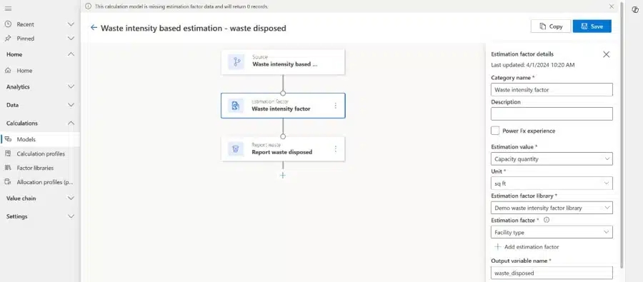 Screenshot of the waste estimation feature in Microsoft Sustainability Manager, which allows you to estimate waste quantities generated through customizable intensity-based factors.