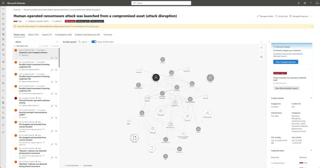 A summary attack graph, managed responses and attack disruption automatically handling this ransomware threat.