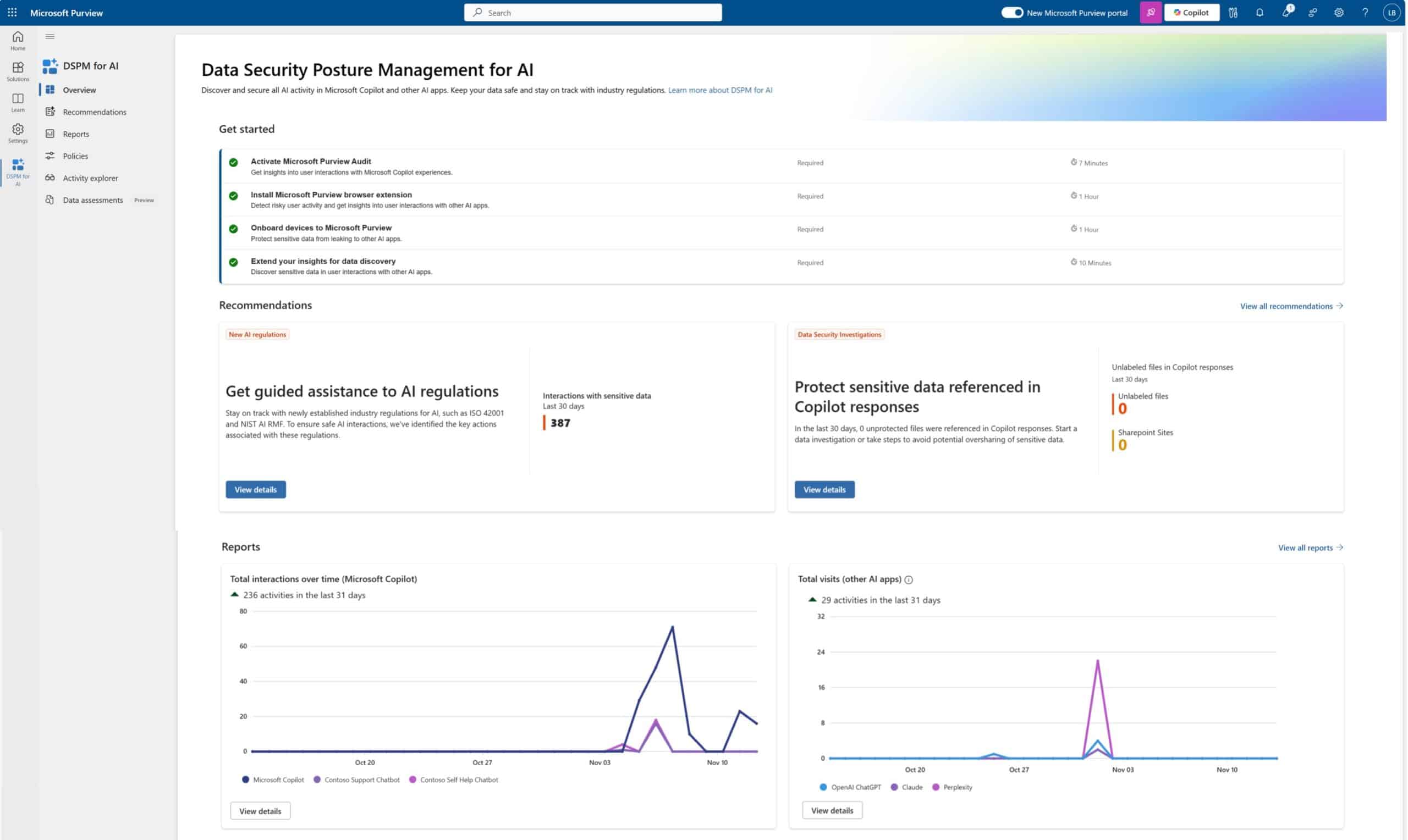 Screenshot of Data Security Posture Management for AI overview page. It shows interactions with Microsoft 365 Copilot, Enterprise Generative AI  from other providers and AI developed in-house.
