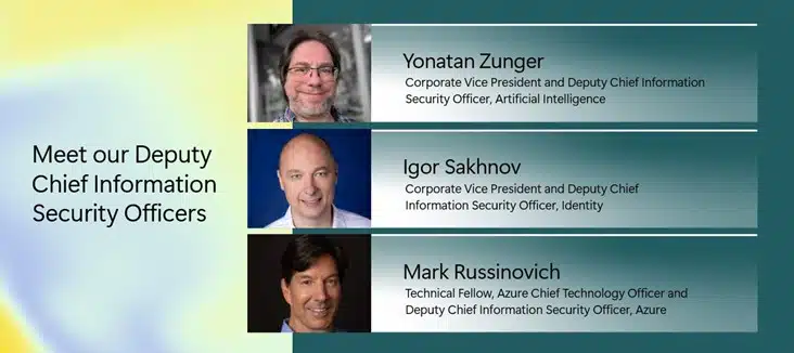 Microsoft’s Deputy Chief Information Officers from top to bottom: Yonatan Zunger, CVP and Deputy Chief Information Security Officer, Artificial Intelligence, Igor Sakhov, CVP and Deputy Chief Information Security Officer, Identity, and Mark Russinovich, Technical Fellow, Azure Chief Technology Officer and Deputy Chief Information Security Officer, Azure.
