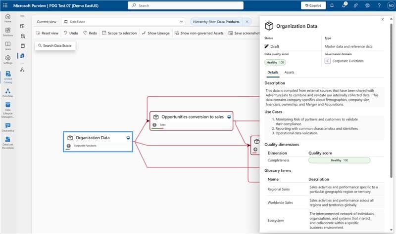 Microsoft Purview dashboard displaying data quality within a Data Product.
