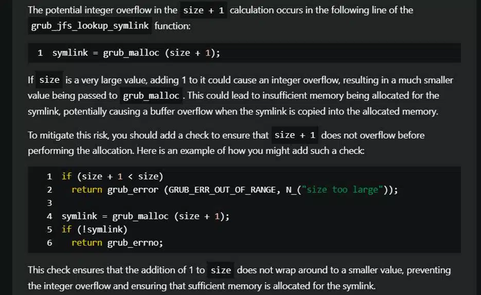 A screenshot of Security Copilot identifying an integer overflow vulnerability and suggesting a fix.